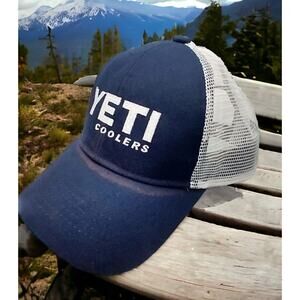 YETI Coolers Blue White Trucker Hat Snapback Adjustable Cap Distressed